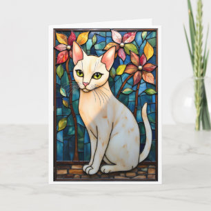 Carte Chat blanc de style vitrail avec des fleurs