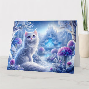 Carte Chat blanc élégant dans un royaume magique neigeux