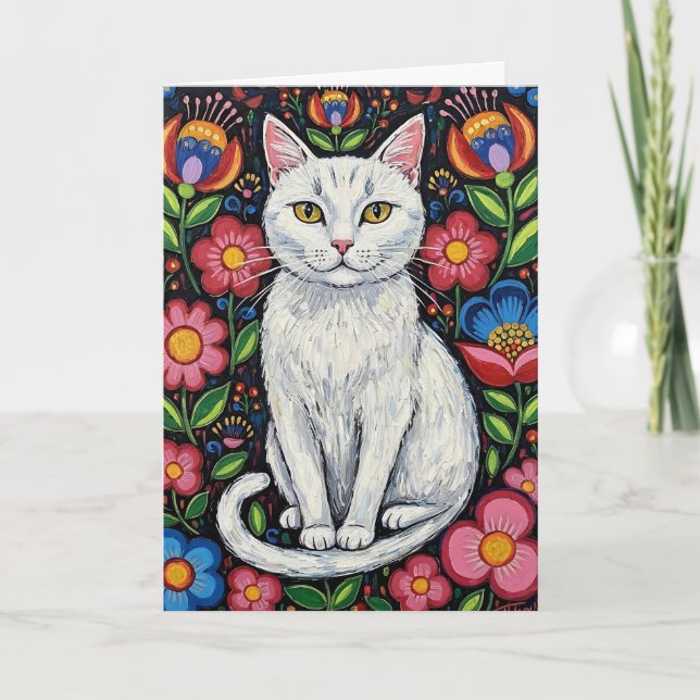 Carte Chat blanc en Fleurs d'Art folklorique colorées (Devant)