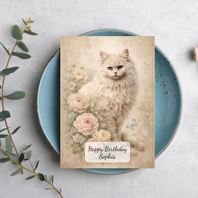 Carte Chat Blanc Fluffy avec des Roses (Créateur téléchargé)
