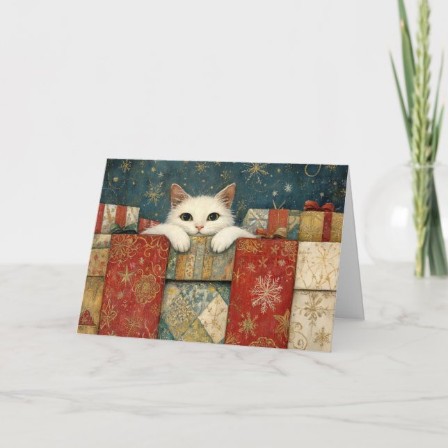 Carte Chat blanc regardant par-dessus les cadeaux de Noë (Devant)