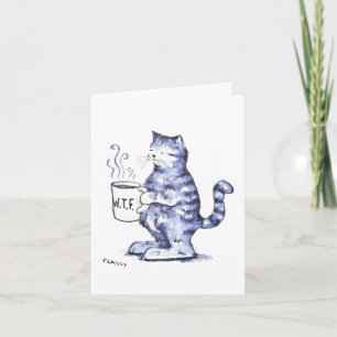 Carte Chat bleu avec tasse WTF