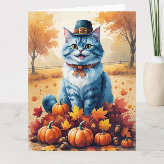 Carte Chat Bleu Oriental À L'Automne Feuilles Thanksgivi (Devant)