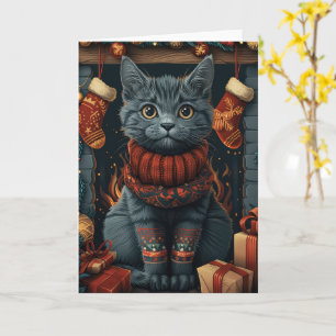 Carte Chat Bleu Russe avec des cadeaux de Noël Cheminée