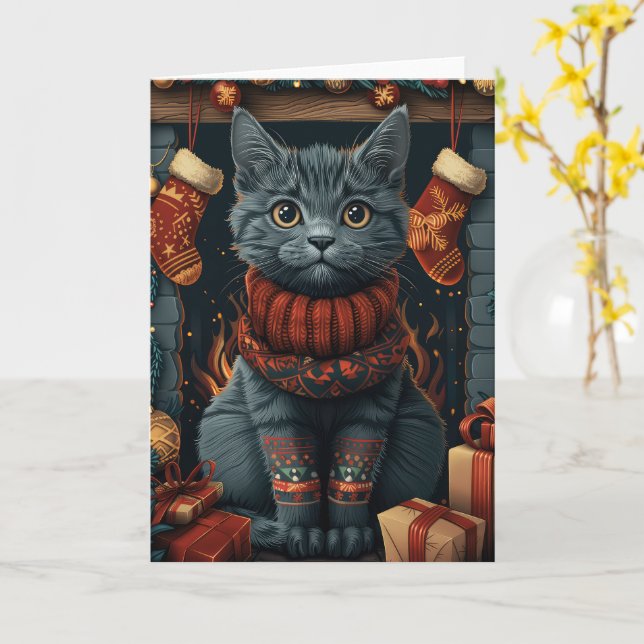 Carte Chat Bleu Russe avec des cadeaux de Noël Cheminée (Fleur jaune)
