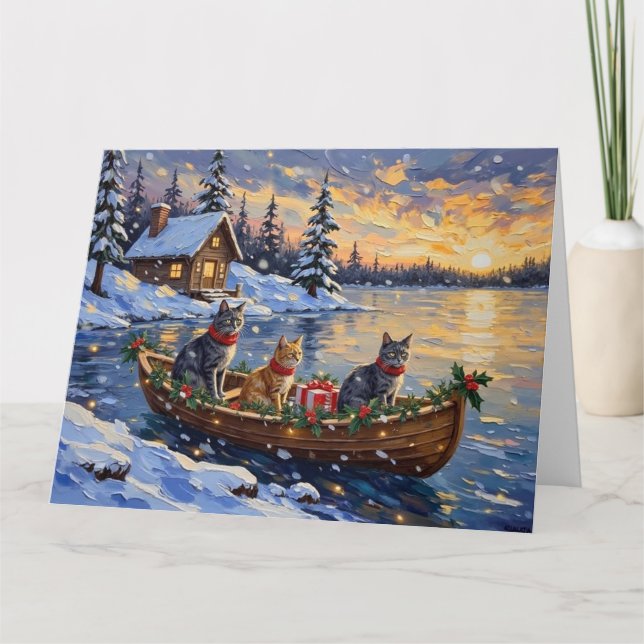 Carte Chat Bleu Russe Noël Bateau Fêtes (Devant)