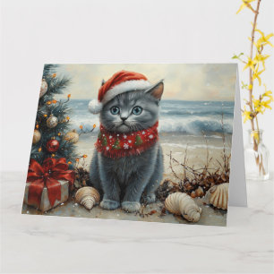 Carte Chat Bleu Russe Noël Vintage Plage