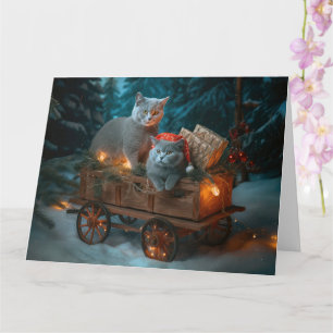 Carte Chat Bleu Russe Sleigh Neigeux Décor Noël