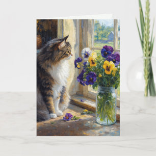 Carte Chat calicot avec bouquet de pensées