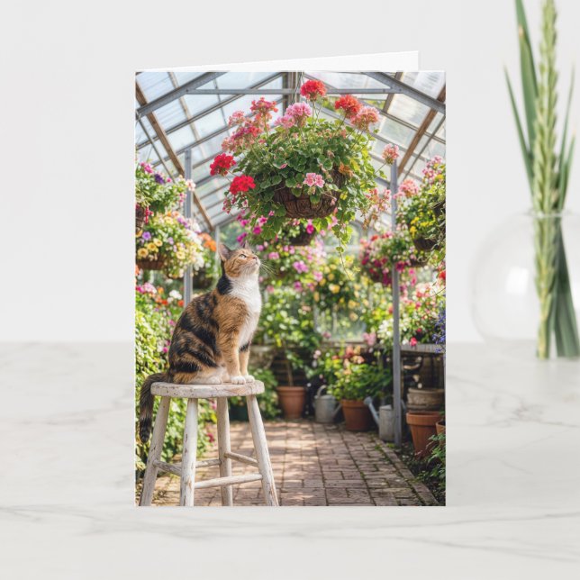Carte Chat calicot d'anniversaire sur un tabouret de ser (Devant)