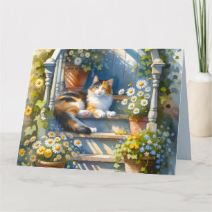 Carte Chat calicot sur une véranda fleurie Cottagecore