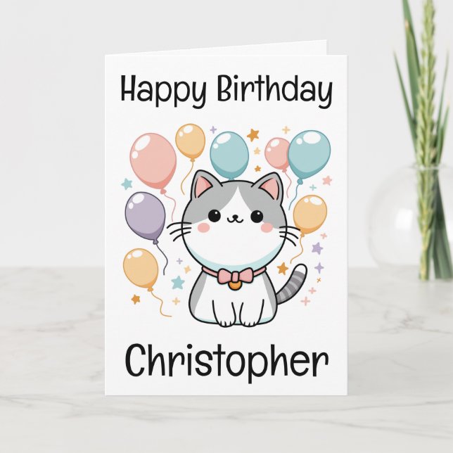 Carte Chat Cartoon Personnalisé Et Anniversaire Coloré (Devant)