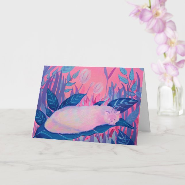 Carte Chat Caterpillar Rose violet Imaginaire bleu (Orchidée)