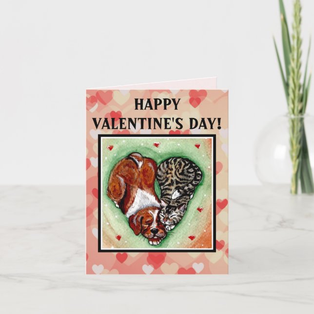 Carte Chat Chien Valentine Coeur rose Rouge Ami Animal a (Devant)