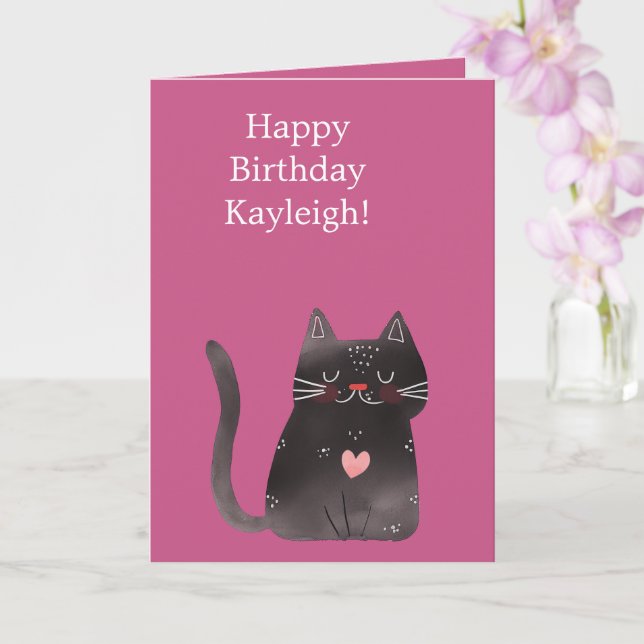 Carte Chat Coeur Rose Noir Anniversaire (Orchidée)
