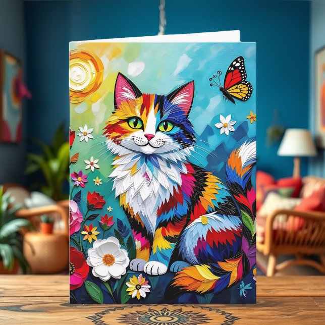 Carte Chat Coloré, Fleurs & Papillon Anniversaire (Créateur téléchargé)