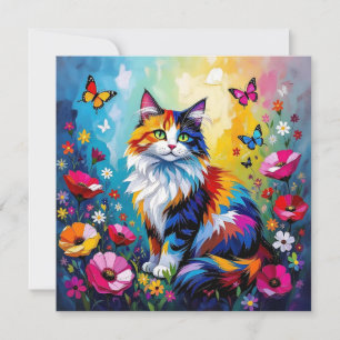 Carte Chat coloré Impasto, Fleurs et Papillons