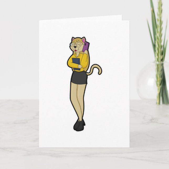 Carte Chat comme secrétaire avec ordinateur portable et  (Devant)