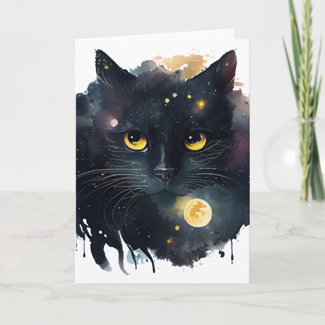 Carte Chat Cosmique à l'Aquarelle Noire avec des Yeux Ja (Devant)