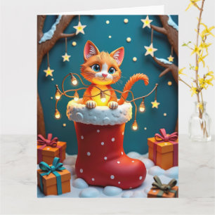 Carte Chat curieux dans un bas de Noël en papier découpé