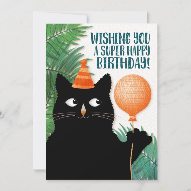 Carte Chat d'anniversaire avec casquette de fête et ball (Devant)