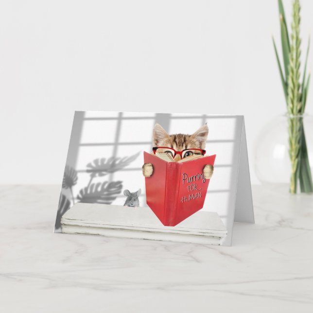 Carte Chat d'anniversaire avec lunettes et livre rouge (Devant)