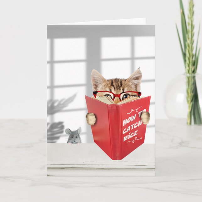 Carte Chat d'anniversaire avec lunettes et livre rouge (Devant)