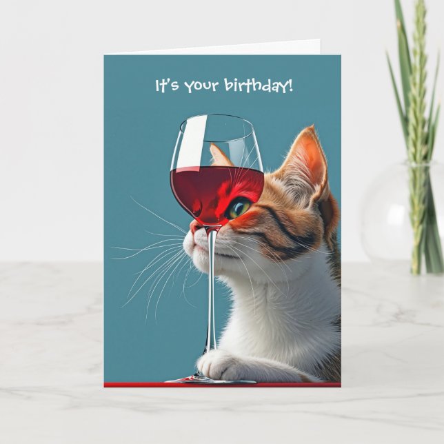 Carte Chat d'anniversaire avec verre de vin rouge (Devant)