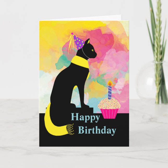 Carte Chat d'anniversaire coloré avec Casquette de fête, (Devant)