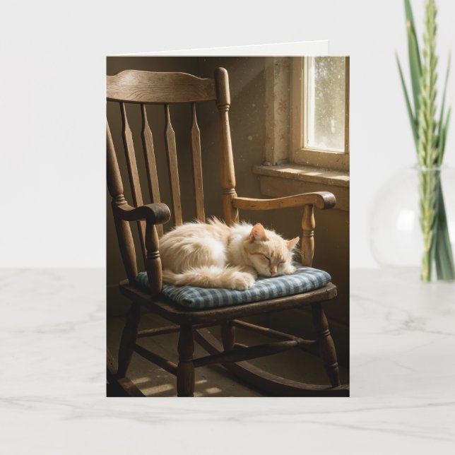 Carte Chat d'anniversaire dormant sur une chaise à roche (Devant)