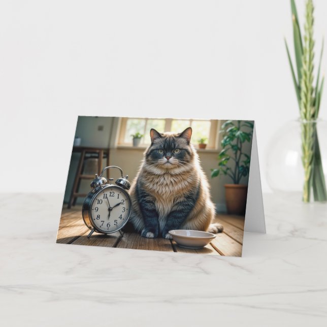 Carte Chat d'anniversaire en attente d'un bol de nourrit (Devant)