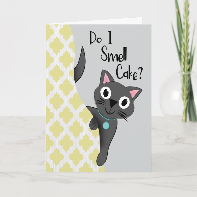 Carte Chat d'anniversaire Est-ce que je sens le gâteau (Devant)