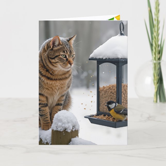 Carte Chat d'anniversaire regardant un oiseau sur une ma (Devant)