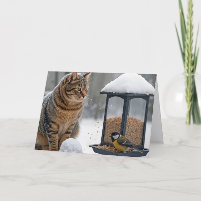 Carte Chat d'anniversaire regardant un oiseau sur une ma (Devant)