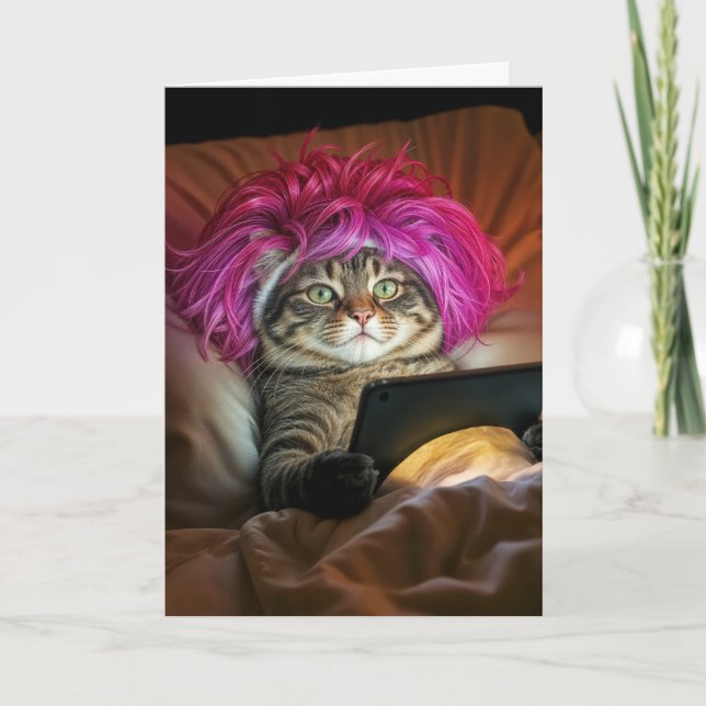 Carte Chat d'anniversaire Staring une tablette électroni (Devant)