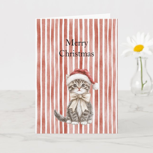Carte Chat dans un chapeau Rayures Rouges Noël  (Petite plante)