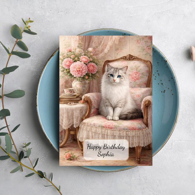 Carte Chat dans un fauteuil fleuri (Créateur téléchargé)