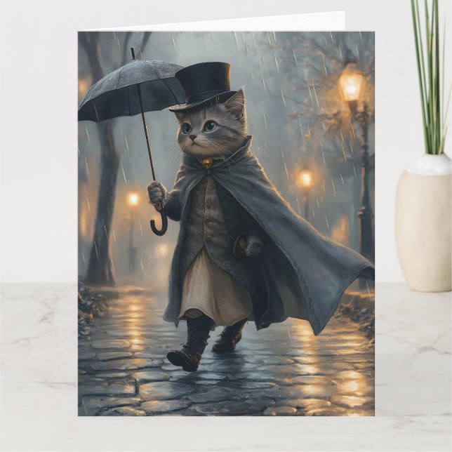 Carte Chat Dapper se promener dans la pluie avec un para (Devant)