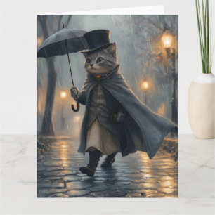 Carte Chat Dapper se promener dans la pluie avec un para