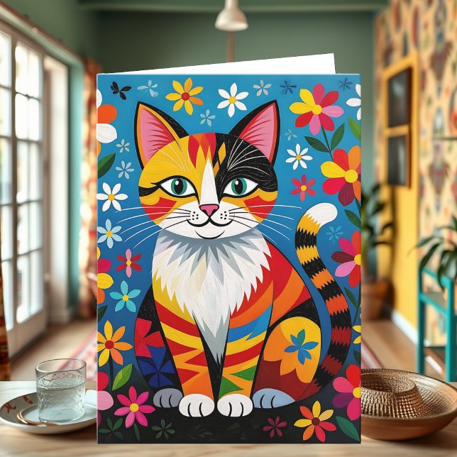 Carte Chat d'art folklorique boho, fleurs et papillon d' (Créateur téléchargé)