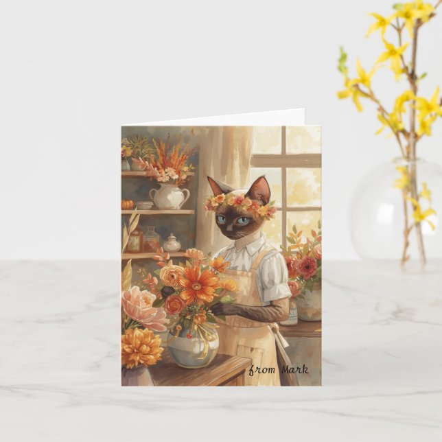 Carte Chat d'automne aux fleurs - Saison d'automne (Fleur jaune)