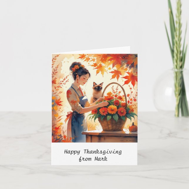 Carte Chat d'automne aux fleurs Saison d'automne Thanksg (Devant)
