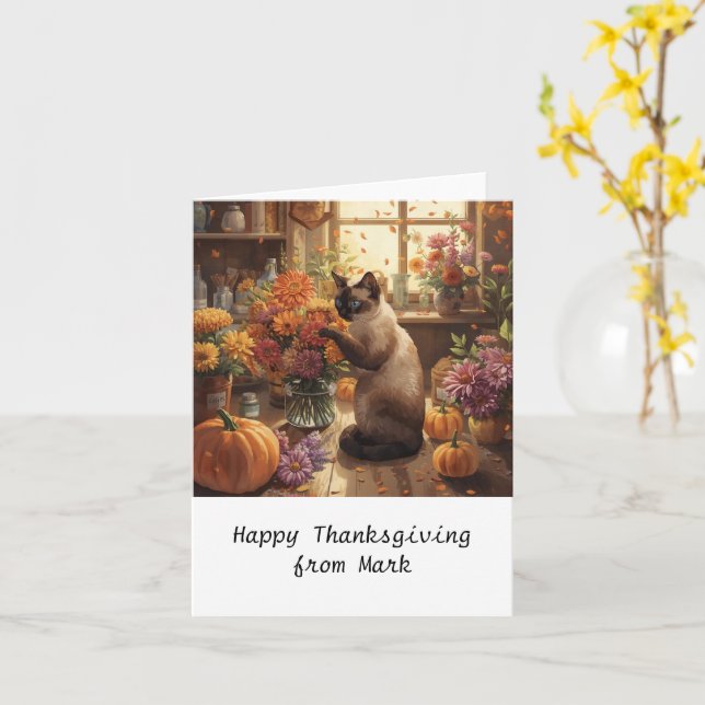 Carte Chat d'automne aux fleurs Saison d'automne Thanksg (Fleur jaune)