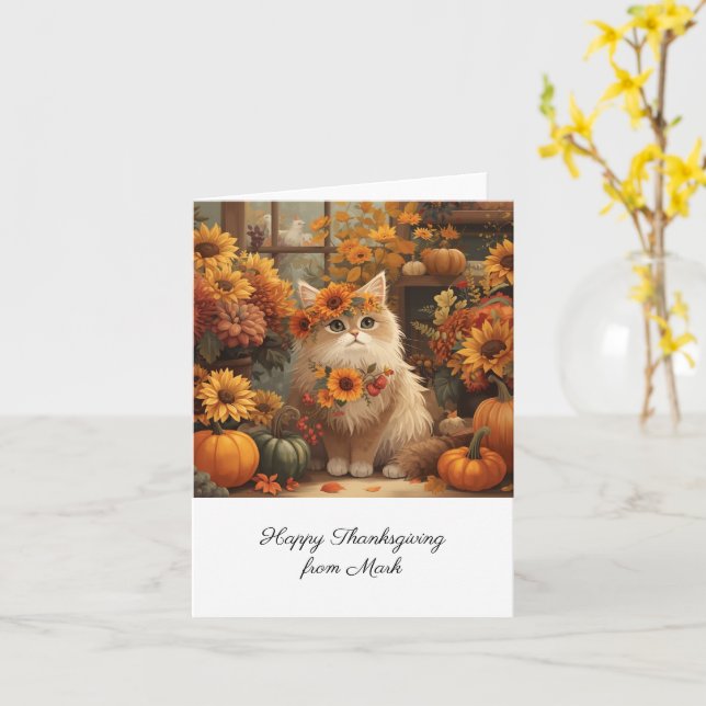 Carte Chat d'automne aux fleurs Saison d'automne Thanksg (Fleur jaune)