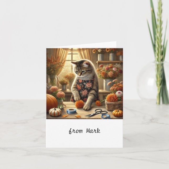Carte Chat d'automne avec des fleurs – Salutation de la  (Devant)