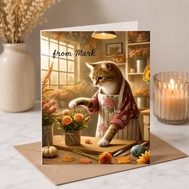 Carte Chat d'automne avec des fleurs – Salutation de la  (Créateur téléchargé)