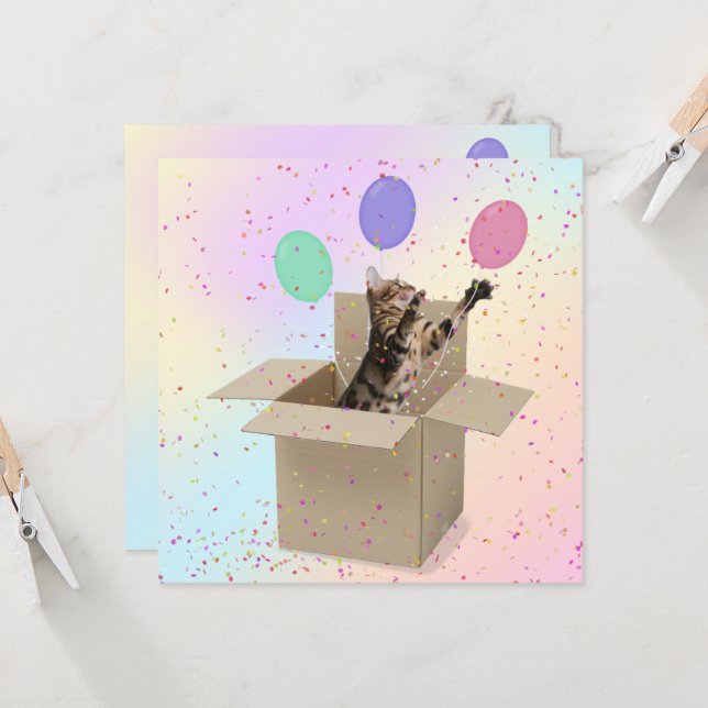 Carte Chat de fête d'anniversaire surprise dans la boîte (Devant/Arrière en situation)
