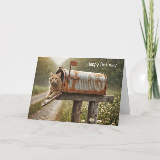 Carte Chat de gingembre d'anniversaire dans une boîte au (Devant)