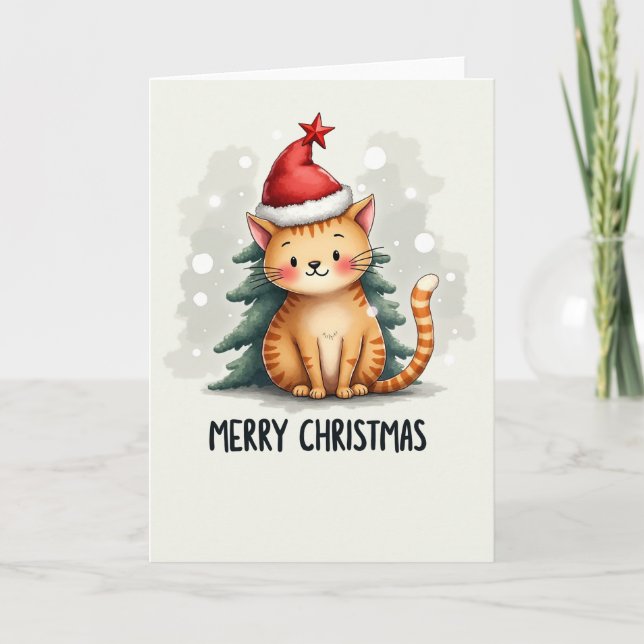Carte Chat de Gingembre en Carton mignon à Santa Hat Voi (Devant)