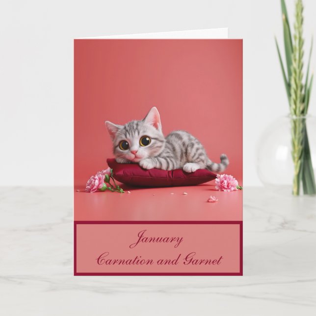Carte Chat de janvier mignon avec oeillets (Devant)